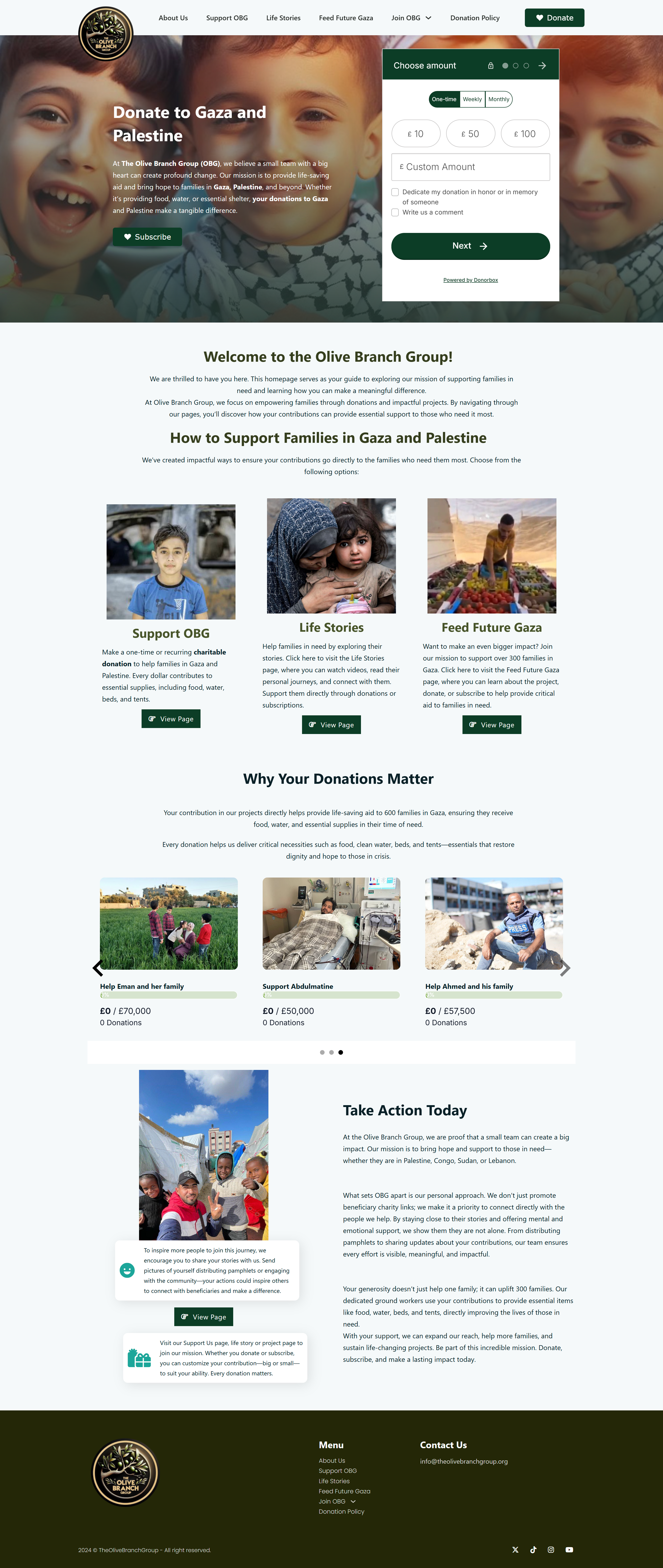 The Olive Branch Group branding charity design donation gaza landing page palestine ui web development