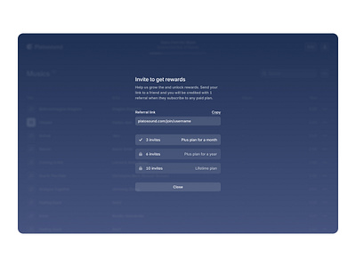 Platosound: Invite to get rewards app blur branding clean design glass inspiration invitation invite logo modal music music player player rewards ui ux