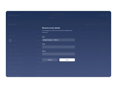 Platosound: Rename / Delete music app blur branding clean confirmation delete design edit glass inspiration logo modal music music player player rename ui ux