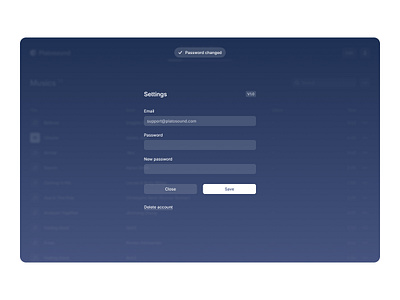 Platosound: Settings / Delete account app blur branding clean delete account design glass inspiration logo modal music music player player settings ui ux