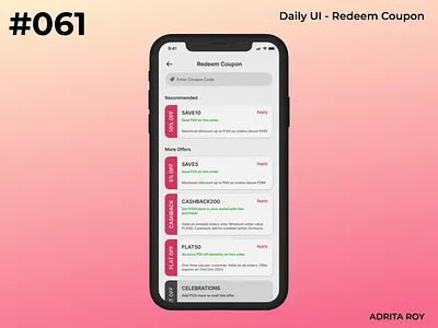 DailyUI 061 - Redeem Coupon accessibility cards dailychallenge dailyui design ecommerce figma mobile offers product design promo code redeem coupon ui ui design user centered user experience ux visual design