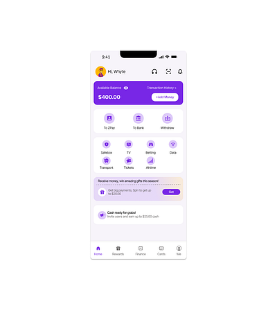 A fintech mobile application home screen ui