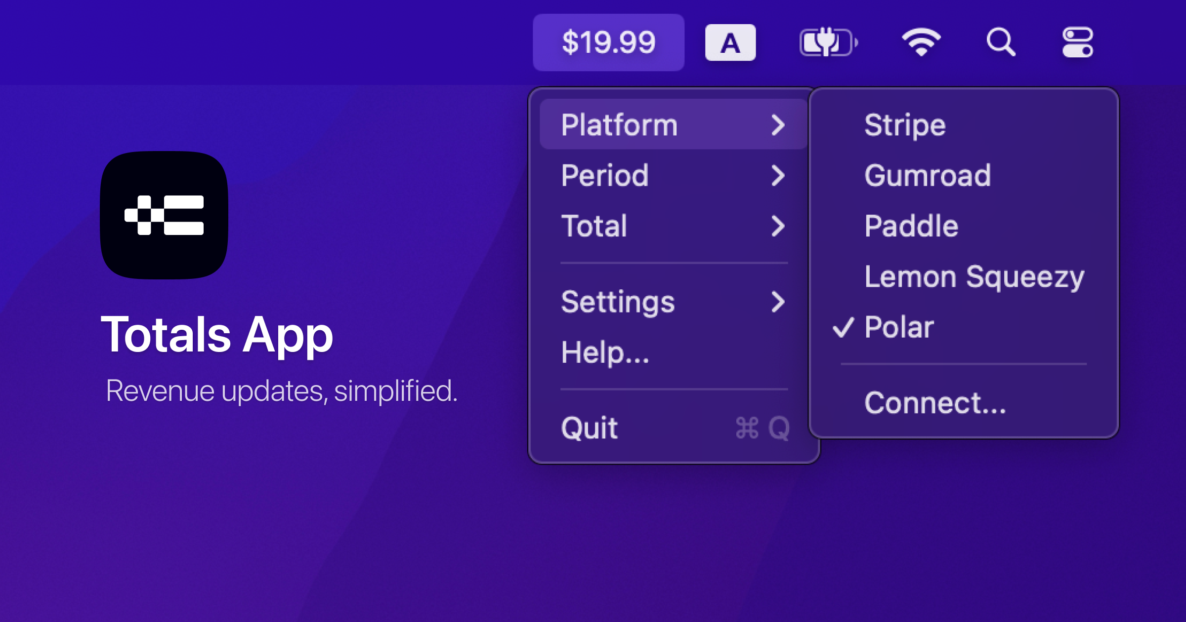 Totals App app apple branding earning gumroad lemon squeezy logo macos menubar minimal mor paddle payment polar productivity revenue stripe swift tool ui