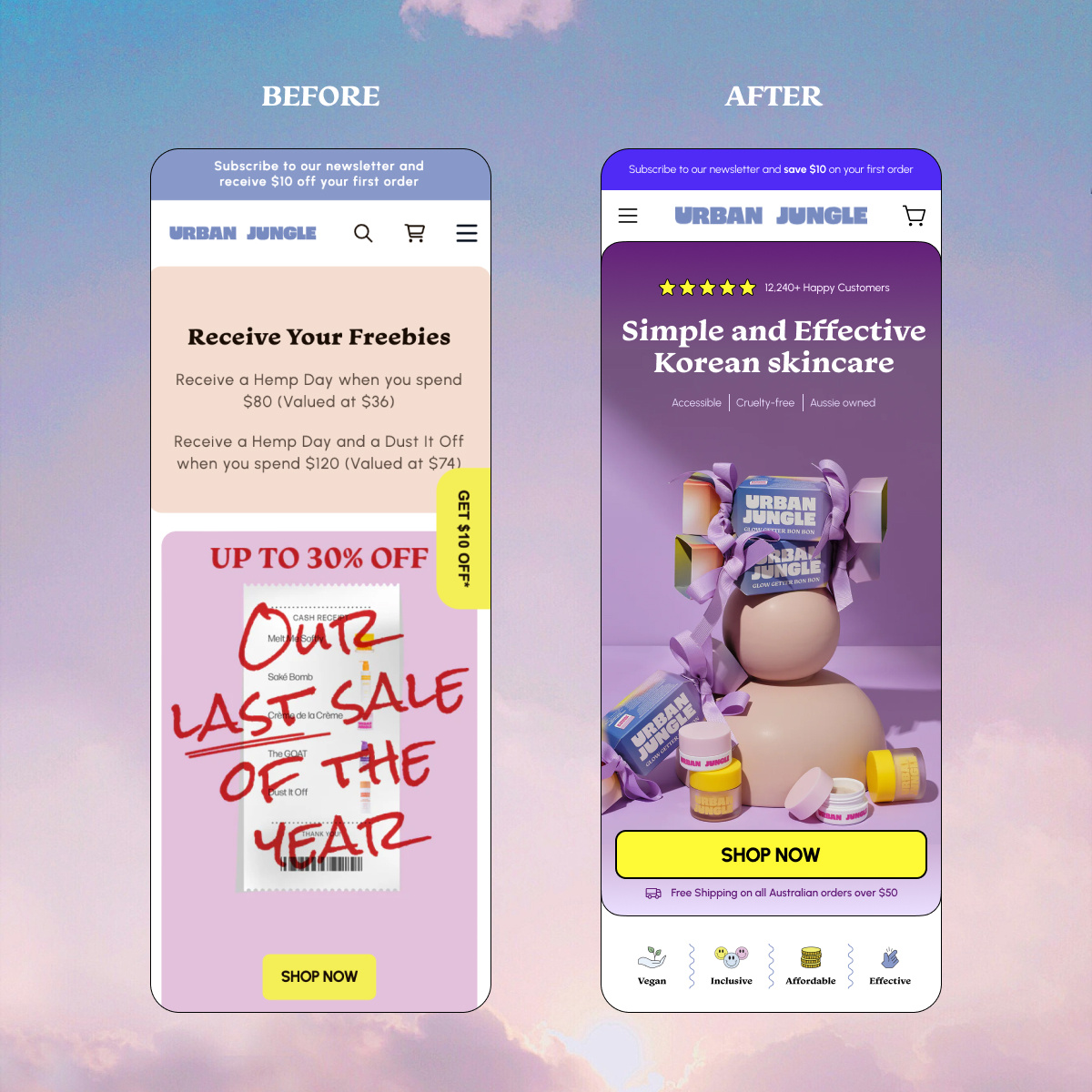 CRO Redesign - Urban Jungle branding conversion conversion rate optimazition cro cro design e commerce figma first fold graphic design hero section mobile design product page redesign shop skincare ui ui design webdesign