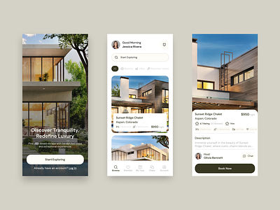 TranquilStays Mobile App Design – Luxury Property Escapes app concept app interaction app interface booking app clean design luxury design minimal ui mobile app mobile app design mobile experience modern ui property app travel app ui uiux design ux