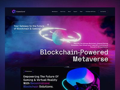 CosmoCore - Blockchain Metaverse Landing Page Design ai blockchain colorful crypto figma futuristic homepage landing page metaverse ui uiux ux virtual reality web web design web3