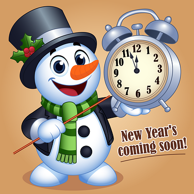 Snowman with a clock art banner design branding card design cartoon character design graphic design illustration illustrator inspiration mascot new year card postcard poster design snowman vector