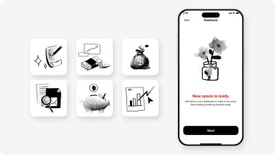 Banking Spot Illustrations banking documents illustration empty state fintech graph illustration hand drawn illustration mobile icons money bag piggy bank spot illustrations thumbnails ui ui design ui screens illustrations watercolor illustrations