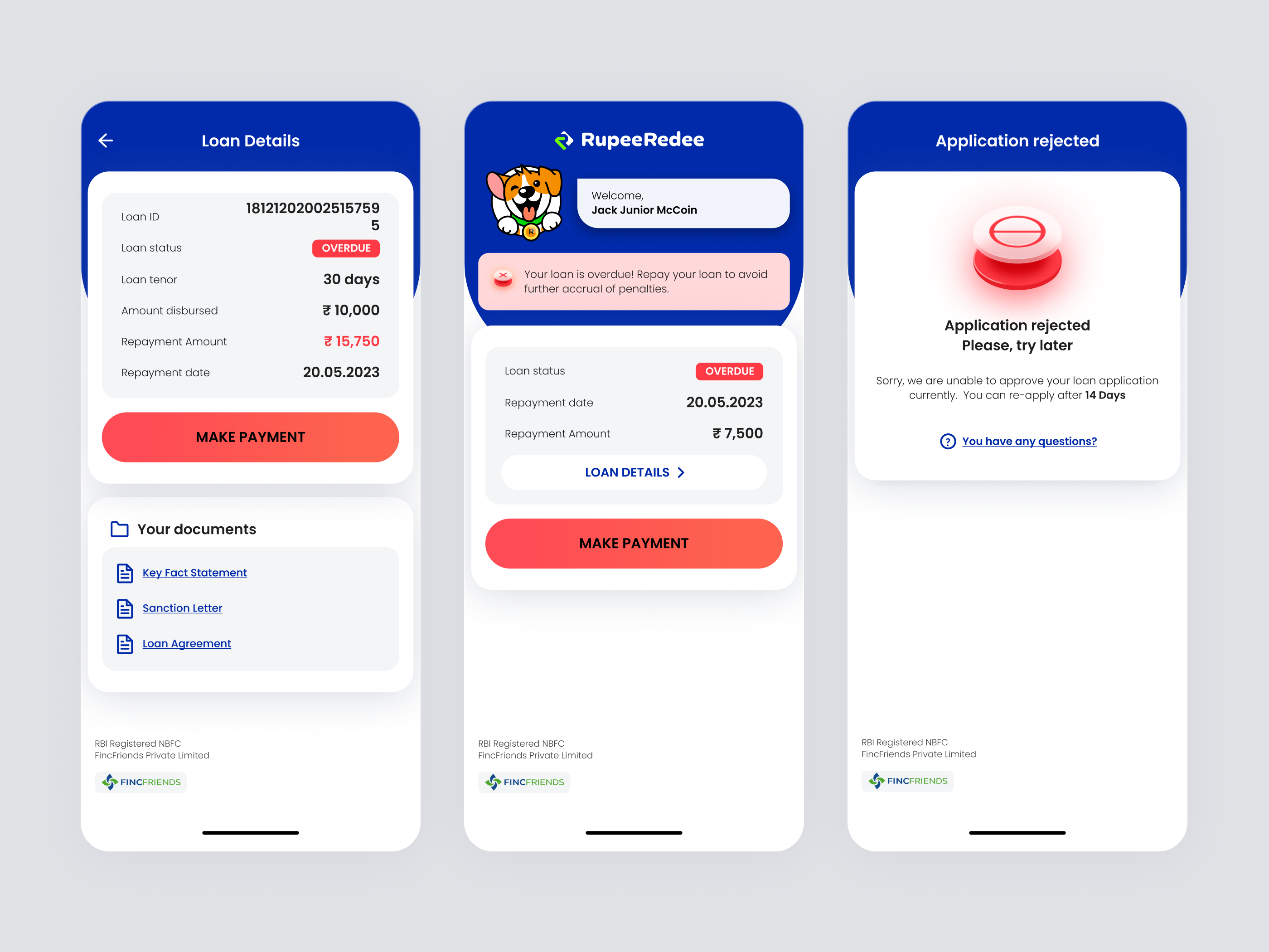 Overdue loan screen for microfinance app | RupeeRedee app attention clear error error red finance fintech interface loan loan app microloan mobile app overdue pro product product design red ui ux uxui
