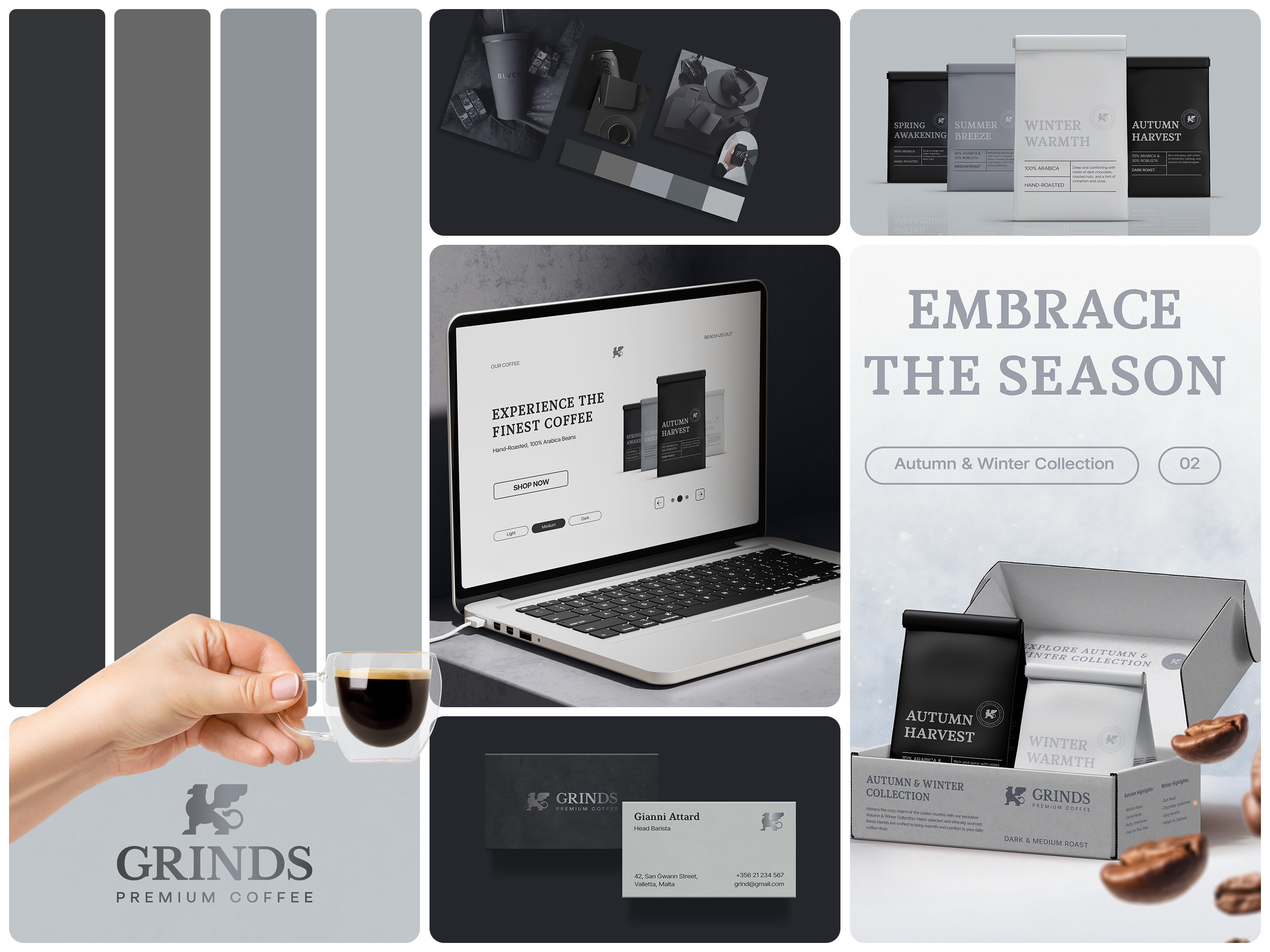 GRINDS COFFEE brand brand identity branding coffee coffee brand coffee branding coffee designer coffee logo coffee mark graphic graphic design graphic designer logo logomark logotype mark premium coffee visual identity