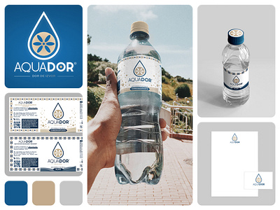 Aquador Water Brand Logo aqua blue bottle bottle label branding design drop of water flower gold label design liquid logo logo design logomark mockup ornamental packaging design traditional vector water