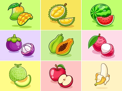 Fruits🍓🍇🍌🍒 banana branding cartoon cherry cute doodle durian flat food fruit grape healthy icon illustration juice logo mango smoothies strawberry watermelon