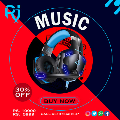 gaming and music lestening best headphone with 30 % off attractive design branding design graphic design photoshop pixel poster design promotion ui