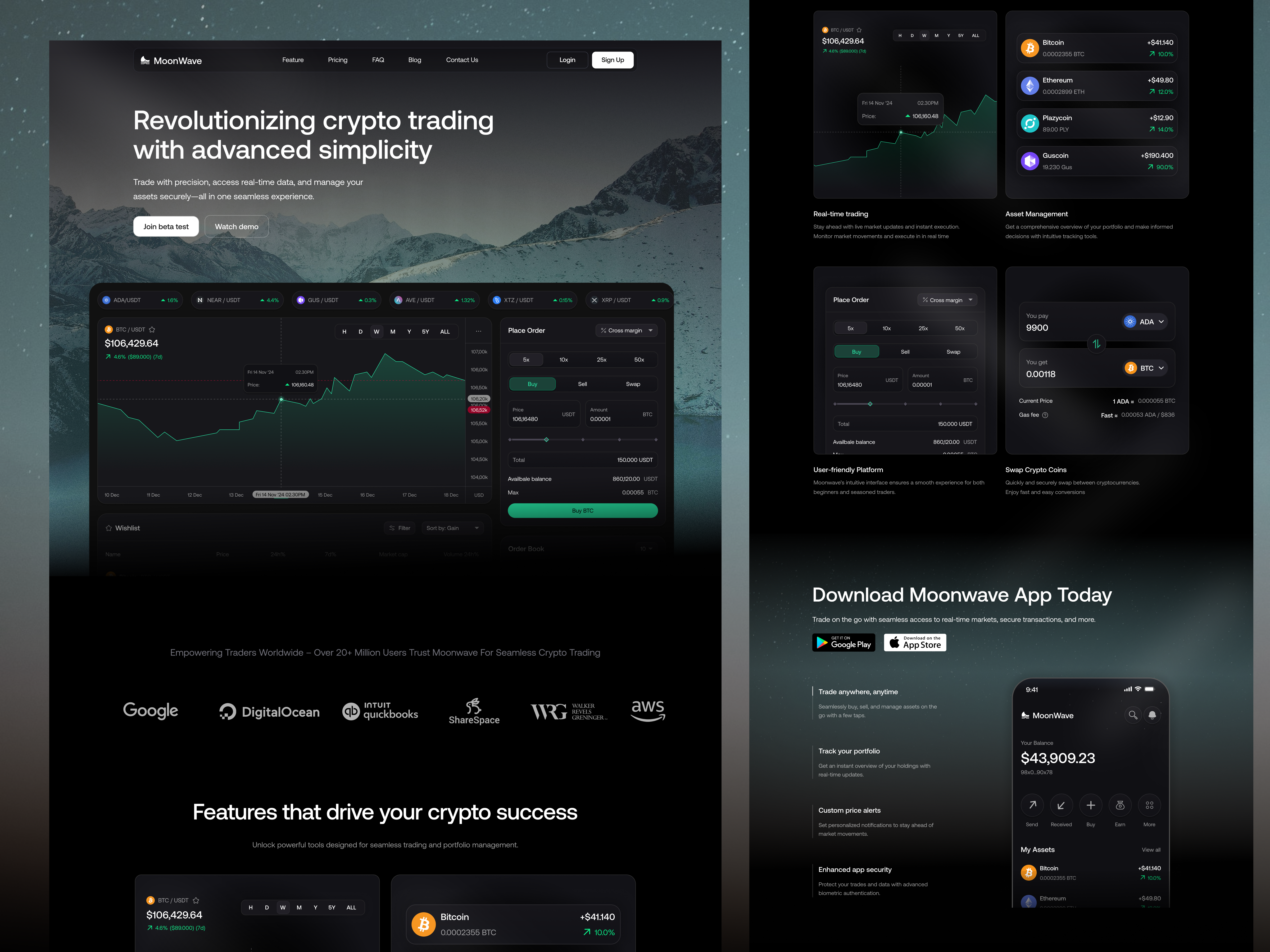 Moonwave - Crypto landing pages blockchain cross margin crypto crypto web cryptocurrency decentralized digital download apps finance fintech gas fee investment landing landingpages marketing pages trading trading web uiux userinterface webdesign