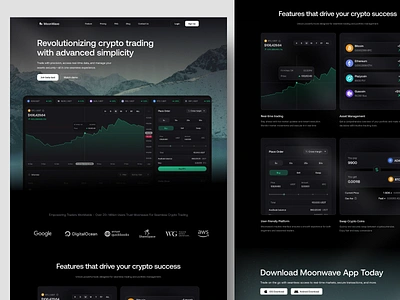 Moonwave - Crypto landing pages blockchain cross margin crypto crypto web cryptocurrency decentralized digital download apps finance fintech gas fee investment landing landingpages marketing pages trading trading web uiux userinterface webdesign