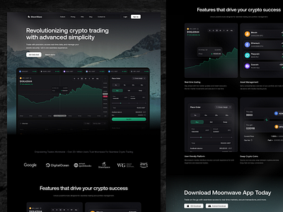 Moonwave - Crypto landing pages blockchain cross margin crypto crypto web cryptocurrency decentralized digital download apps finance fintech gas fee investment landing landingpages marketing pages trading trading web uiux userinterface webdesign