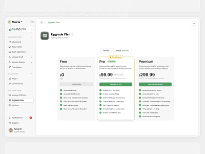 Pricing UI - Hotel Booking SaaS Software all animation app clean pricing page crm dashbaord hotel price hotel pricing page hotel pricing upgrade minimal pricing page ui price page pricing page ui pricing ui product design saas saas pricing saas pricing hotel top top design upgrade ui