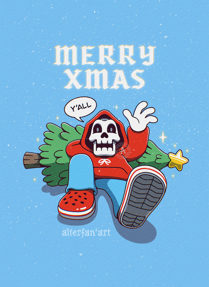 MERRY XMAS Y'ALL alterfan alterfan art artist cartoon character christmas coverart crocs grimreaper illustration illustrator reaper retro skeleton skull vector winter xmas