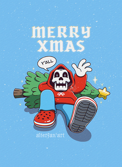 MERRY XMAS Y'ALL alterfan artist cartoon character christmas coverart crocs grimreaper illustration illustrator reaper retro skeleton skull vector winter xmas