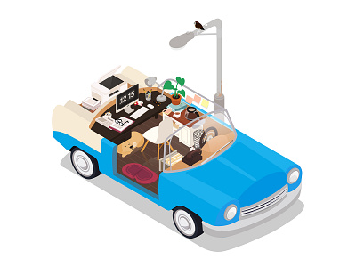 writer's office car illustration isometric office