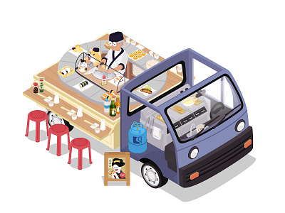 sushi bar bar car illustration isometric japanese sushi truck