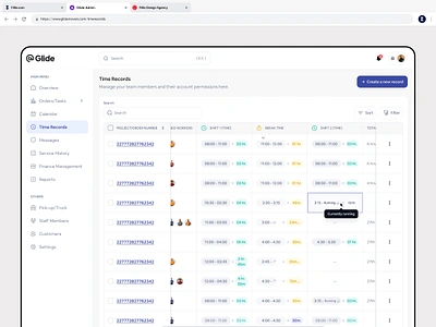 Glide Movers & Truck - Time Records admin panel dashboard dashboard design delivery service filllo design glide moving service on demand design web design
