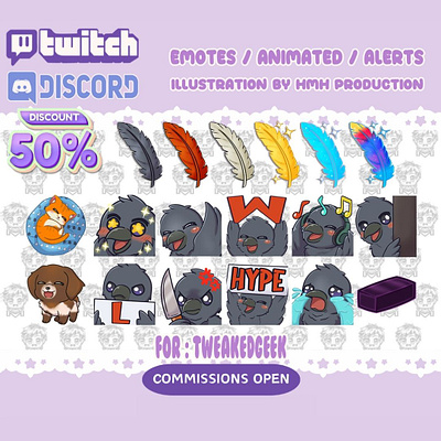 custom chibi emotes and sub badges for streamer art bird black cat channel point chibi crow custom cute discord emote draw drawing emoji emotes feather hype music raven twitch emotes youtube emotes