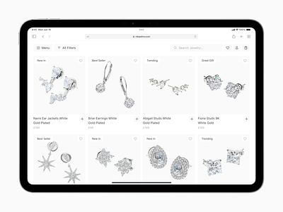 Jewelry E-commerce Online Store best sellers clean design ecommerce design interactive design ipad ui jewelry app jewelry shopping luxury design minimal ui mobile responsive modern design online store product cards product listing responsive ecommerce trending items ui design user friendly interface ux design white gold