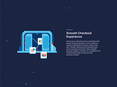 Lunar Checkout branding checkout customers design ecommerce graphic design icon icon set illustration logo marketplace payment platform purchase space stars ui ux vector web page