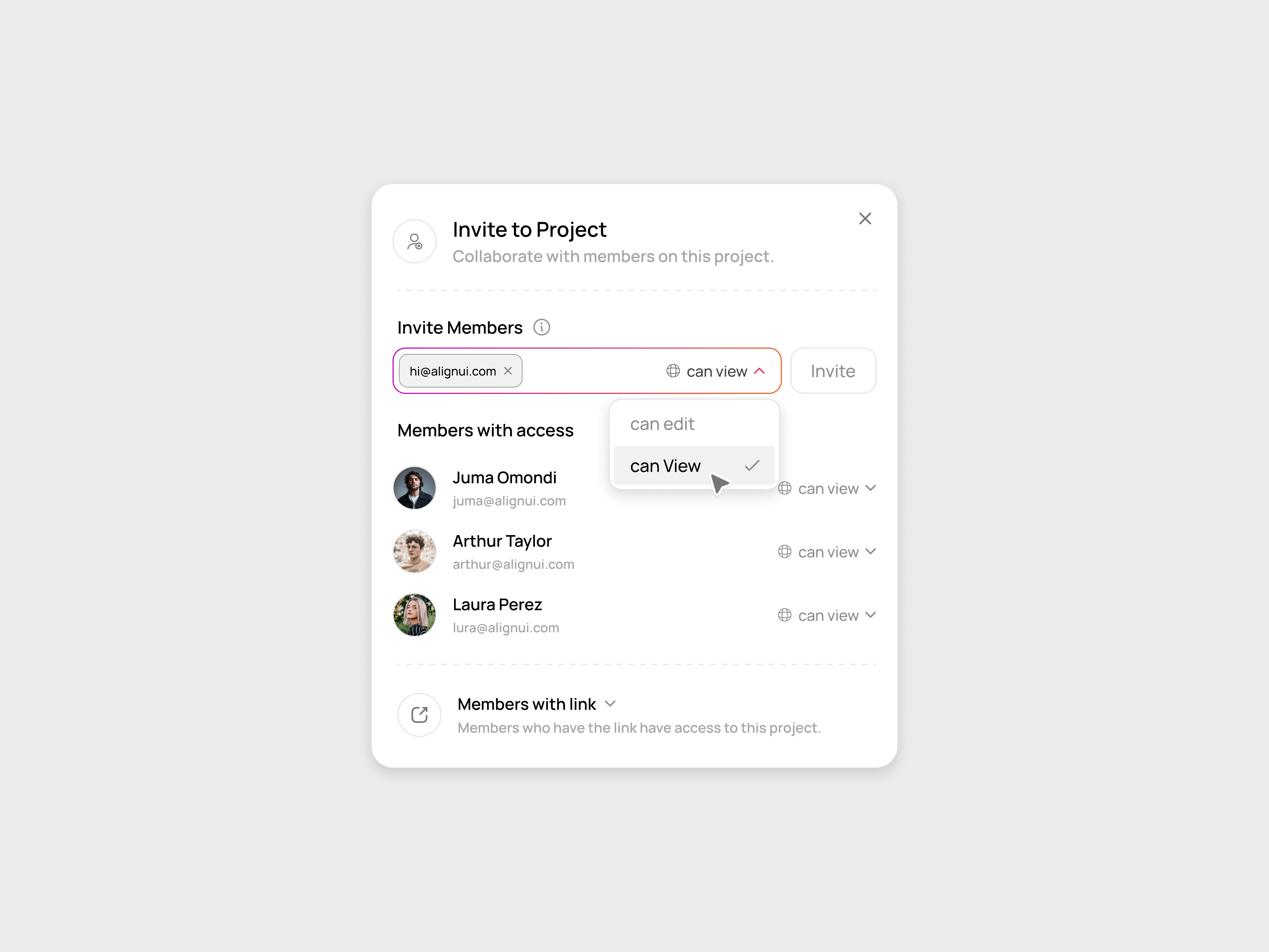 Share project modal animation clean ui component copy link design devdock figma invite minimal motion popup share ui ux