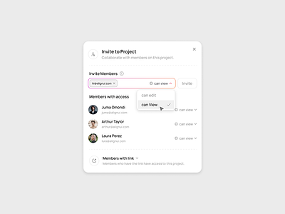 Share project modal animation clean ui component copy link design devdock figma invite minimal motion popup share ui ux