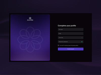 BloomifAI: Account Setup ai app dark theme design flower form graphic design ia purple set up sign up ui ux uxdesign web design