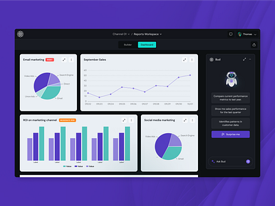 BloomifAI Dashboard: Turning Data into Actionable Insights ai app charts chat dark theme dashboard data design graphic design graphics ia purple robot teal ui ux