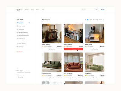 Daily UX #044 - Favorites challenge clean daily dailyui dailyui044 dailyui44 design ecommerce favorites home deco home decor interface minimal prices rack sofa ui ux web