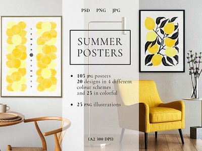 SUMMER POSTERS and clipart cozy digital art fresh illustration interior posters lemons modern art nordic posters scandinavian summer trendy wall art