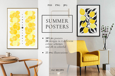 SUMMER POSTERS and clipart cozy digital art fresh illustration interior posters lemons modern art nordic posters scandinavian summer trendy wall art