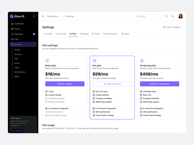 Plan Settings — Glow UI admin panel dark mode design system glow ui plan settings plans pricing pricing table settings ui ui kit