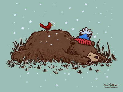 Wore out Novembear bear cardinal grizzly bear illustration illustrator nap snow stocking cap tired winter wore out worn out