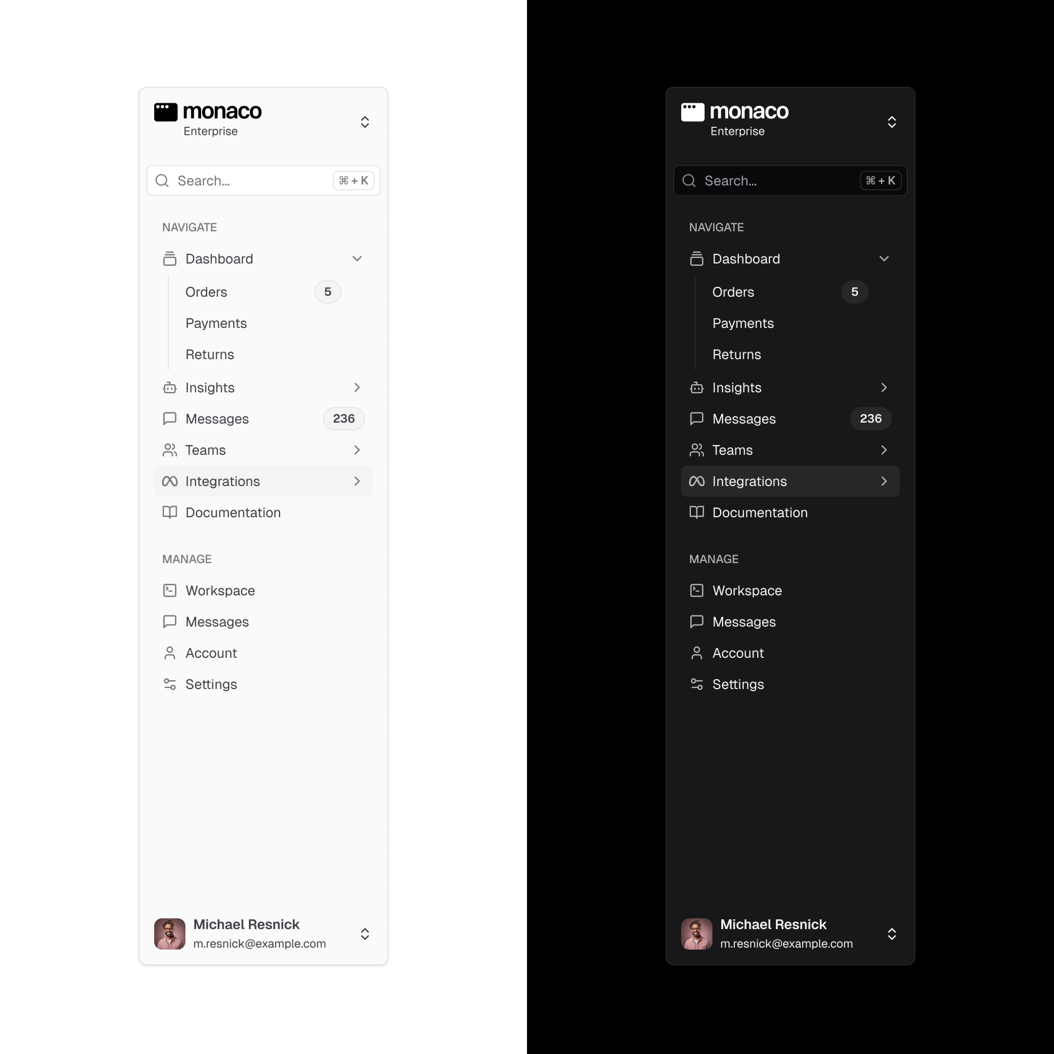 shadcn Sidebar - Light & Dark mode app component figma react shadcn sidebar ui ui design web app