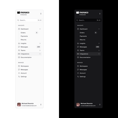 shadcn Sidebar - Light & Dark mode app component figma react shadcn sidebar ui ui design web app