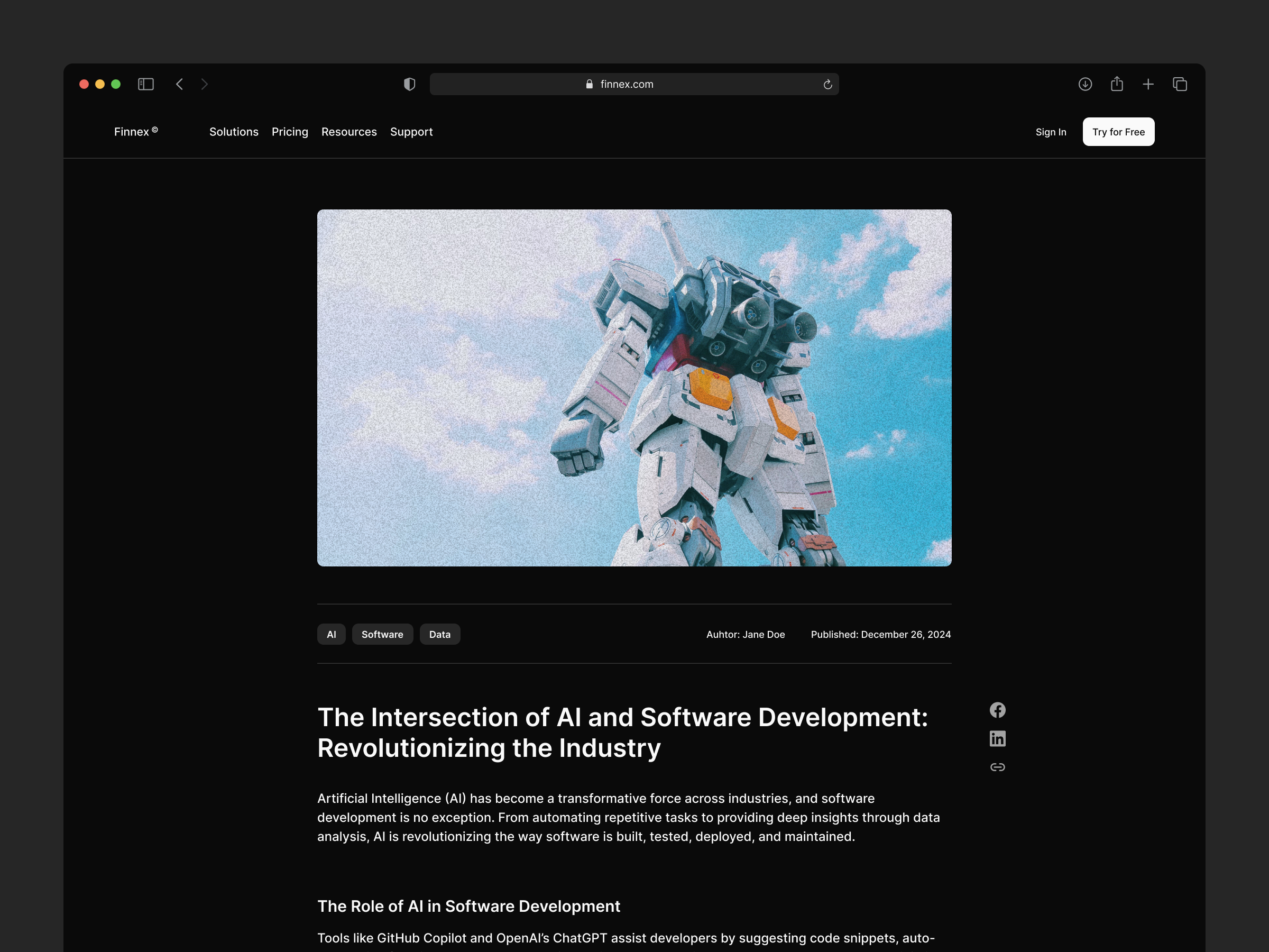 Article / Blog ai article blog dark dark mode digital figma future minimal navigation online post product design saas software ui ux web web design website