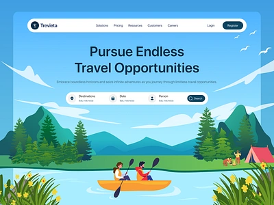 Trevieta - Travel Service Website Header 2d illustration agency booking branding card design flight header hero homepage illustration illustration website landing page minimal travel agency ui web web page website