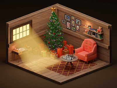 3D Christmas Room 3d 3d illustration 3d modeling blender christmas christmas room cozy holiday isometric merry christmas pine tree room santa