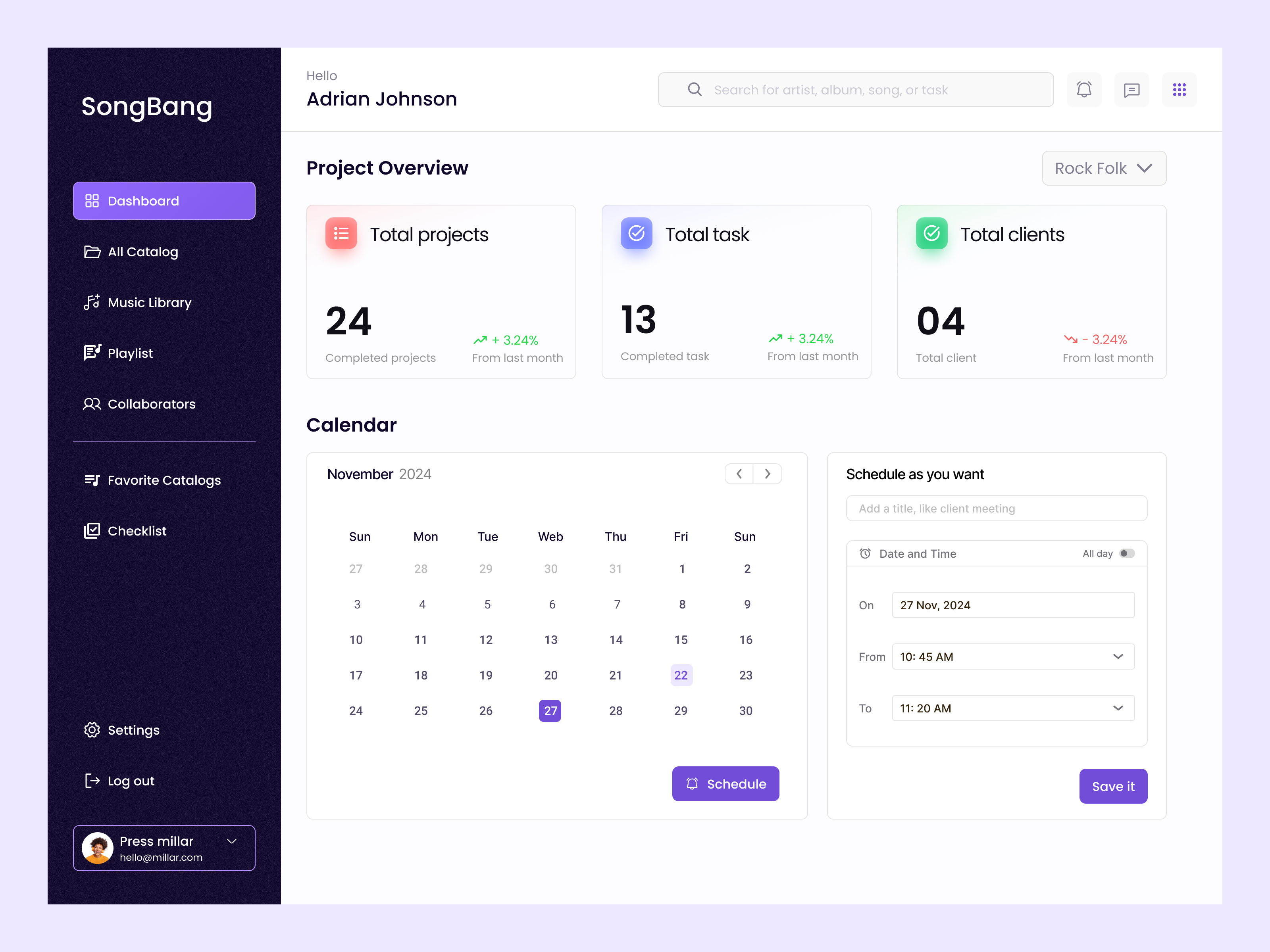Dashboard for music management card dark dashboard filter fintech management music project sidebar task ticket ui