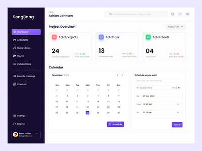 Dashboard for music management card dark dashboard filter fintech management music project sidebar task ticket ui