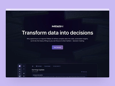 Landing page for a financial tool ai analysis bold branding dark finance hero hero section landing landing page minimal page saas screen typography ui ux ui web web page website