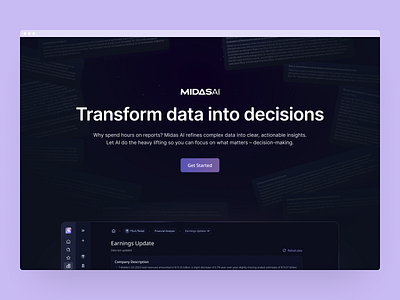 Landing page for a financial tool ai analysis bold branding dark finance hero hero section landing landing page minimal page saas screen typography ui ux ui web web page website