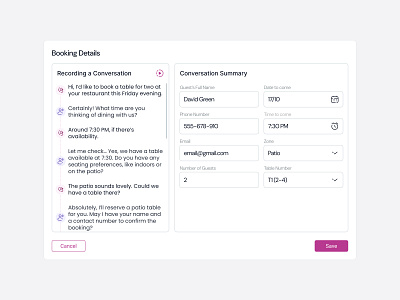 Restaurant software, AI booking ai booking booking details conversation design restaurant software ui ux