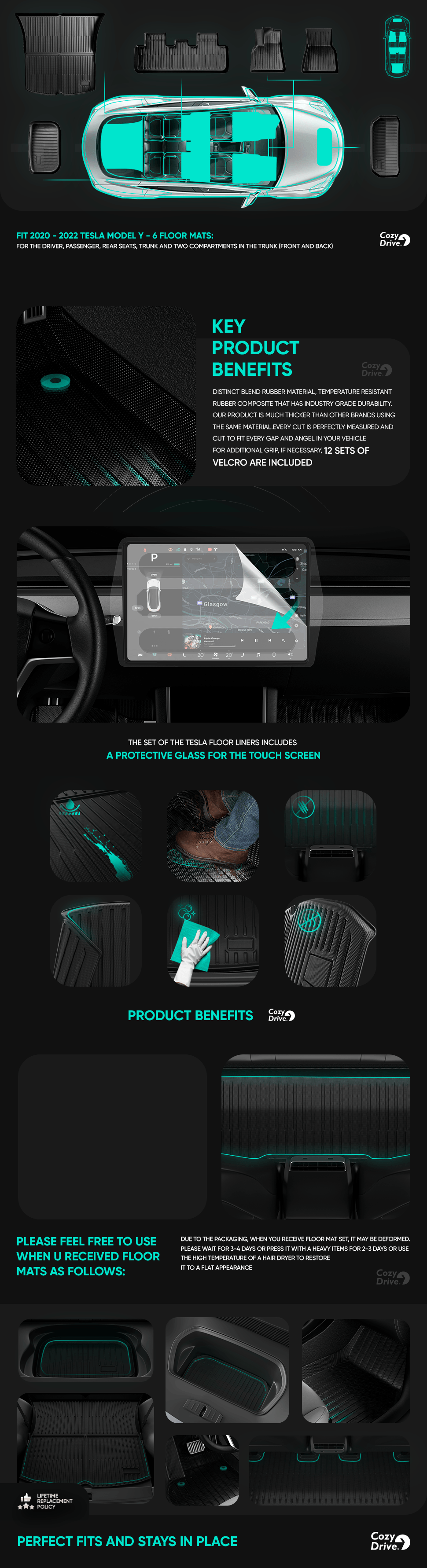 Video Amazon A+ content page for a Tesla Model Y floor mat set. a amazon ebc motion design tesla video