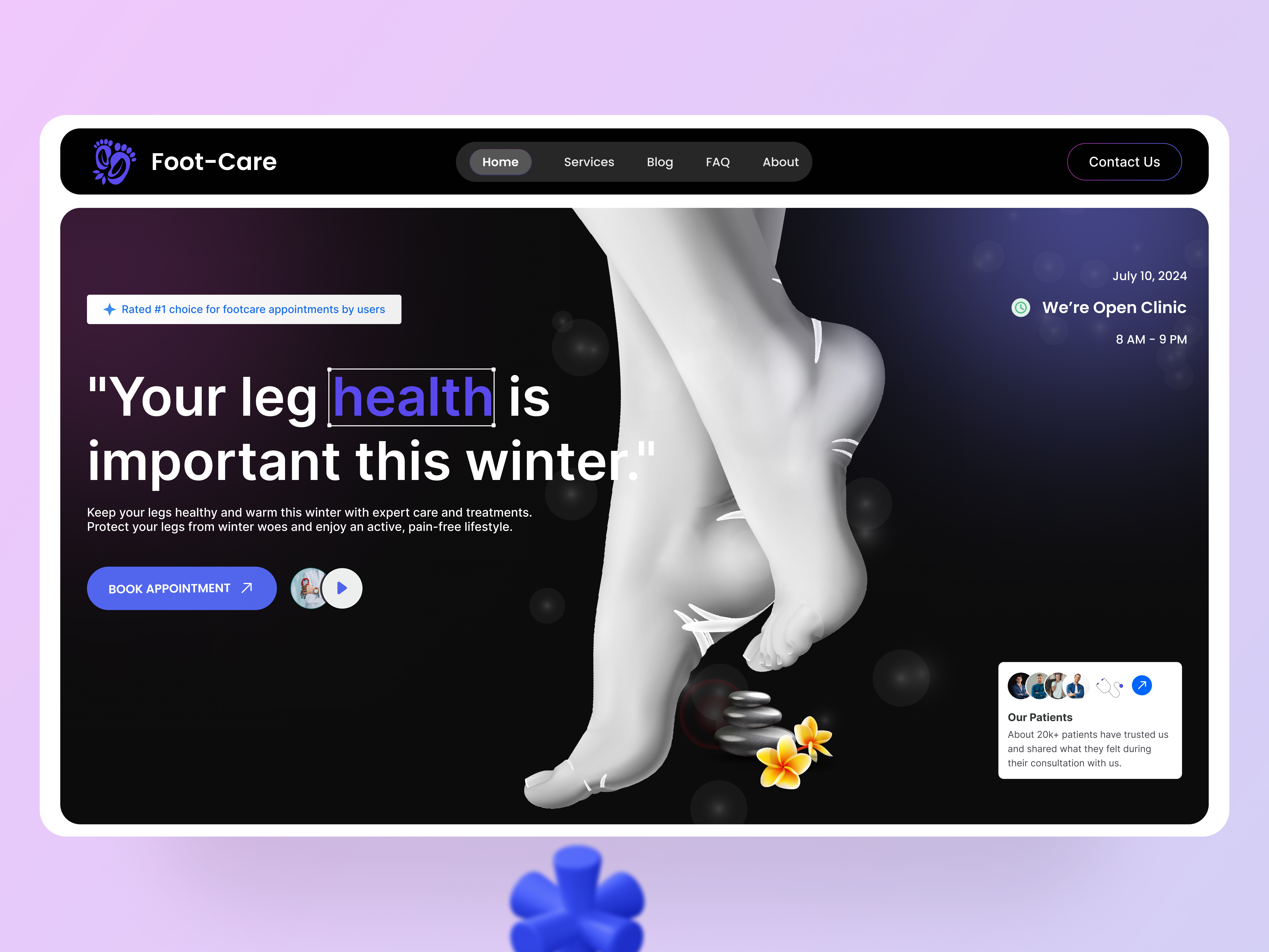 Footcare UI Web Design branding figmauidesign footcarewebdesign foothealthlandingpage healthservice healthwebdesign inspiration uxuidesign winter leg care